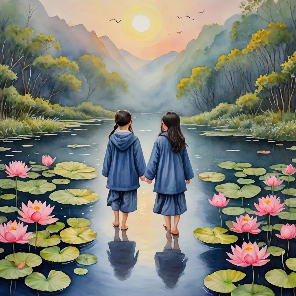 two girls are standing in front of a painting of water lilies and mountains with a sunset behind them, Christophe Vacher, figurative art, a detailed painting, highly detailed digital painting