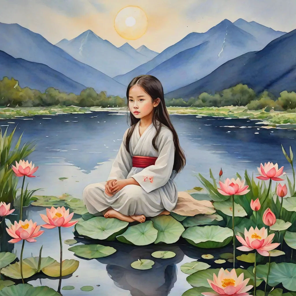 a painting of a girl sitting on a lily pad in front of a lake with mountains in the background, Chen Yifei, figurative art, a detailed painting, highly detailed oil painting