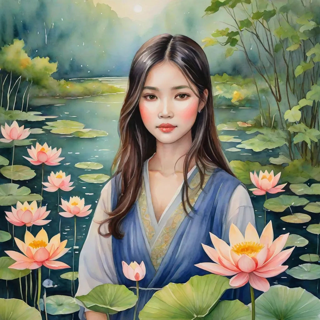 a painting of a woman standing in front of a pond of water lilies and a lily pad with a forest in the background, Chen Lin, figurative art, a detailed painting, highly detailed oil painting
