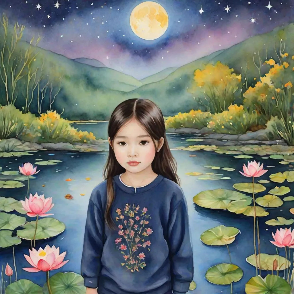 a painting of a girl standing in front of a pond with water lilies and a full moon in the background, Chen Lu, fantasy art, an oil painting, phuoc quan