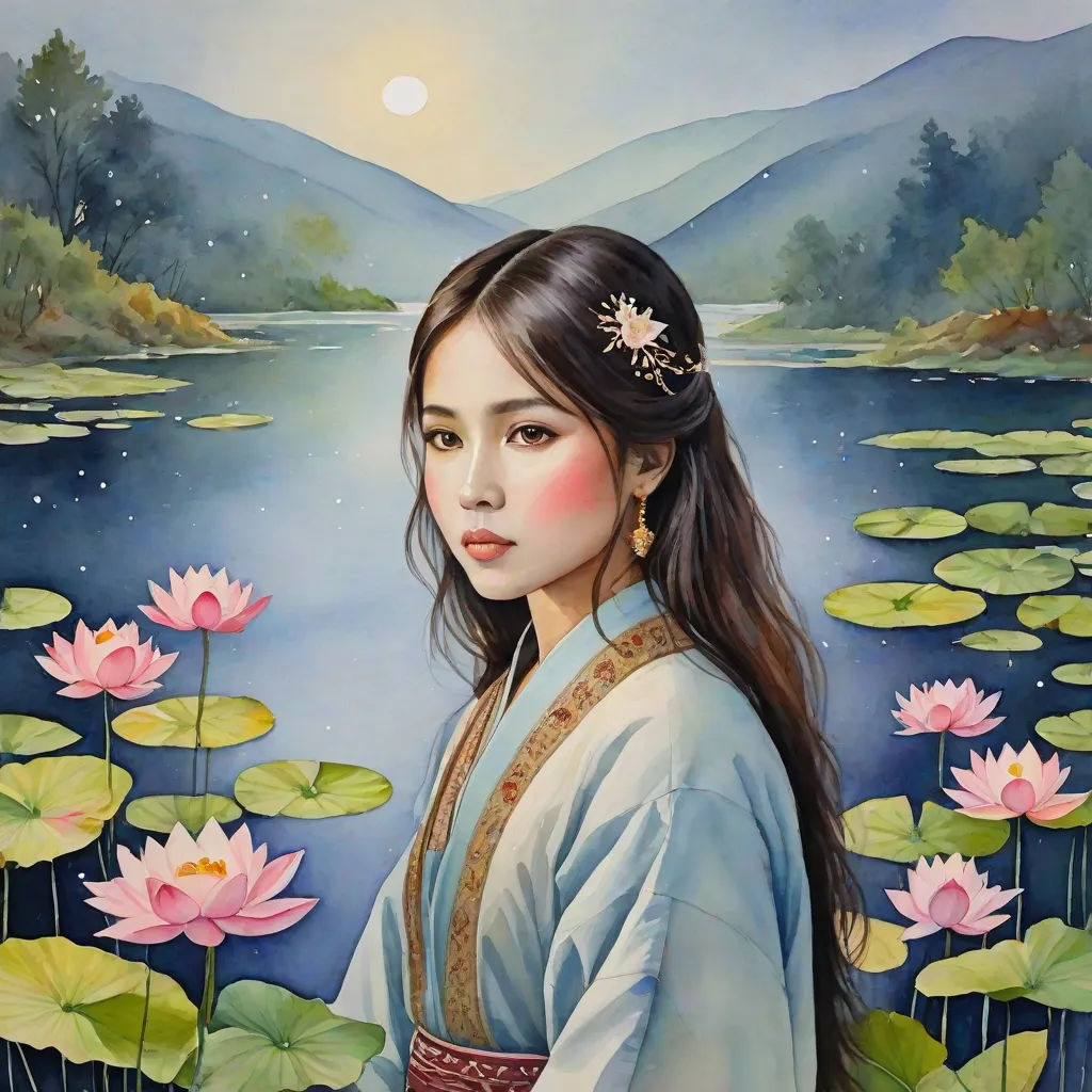 a painting of a woman in a kimono standing in front of a pond of water lillies with a full moon in the background, Chen Yifei, figurative art, a fine art painting, detailed painting