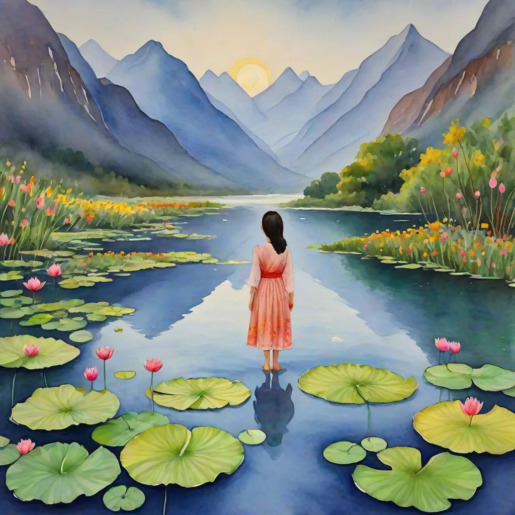 a painting of a woman standing in a lake with lily pads and mountains in the background with a sun setting, Chen Chun, figurative art, an oil on canvas painting, highly detailed oil painting