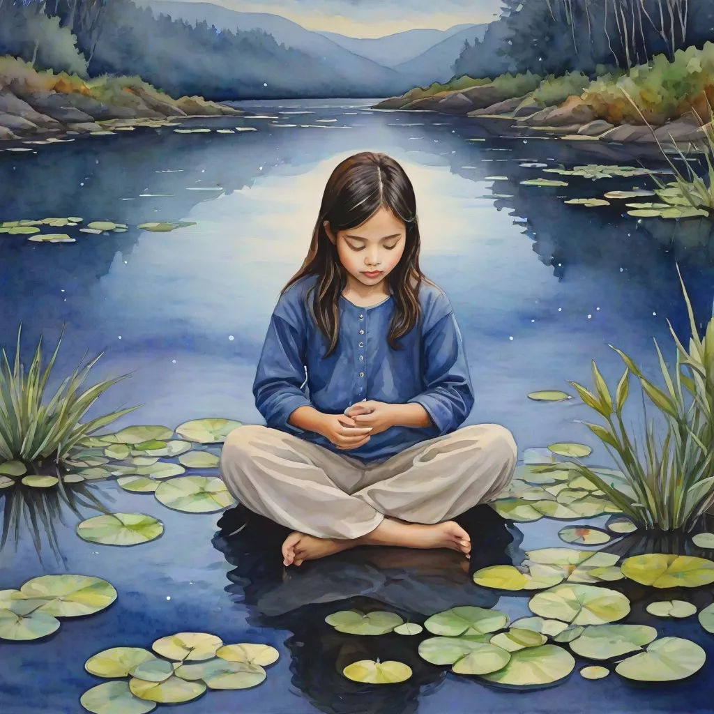 a painting of a girl sitting on a lily pad in a pond with lily pads around her and a mountain in the background, Carol Sutton, figurative art, a fine art painting, tranquil
