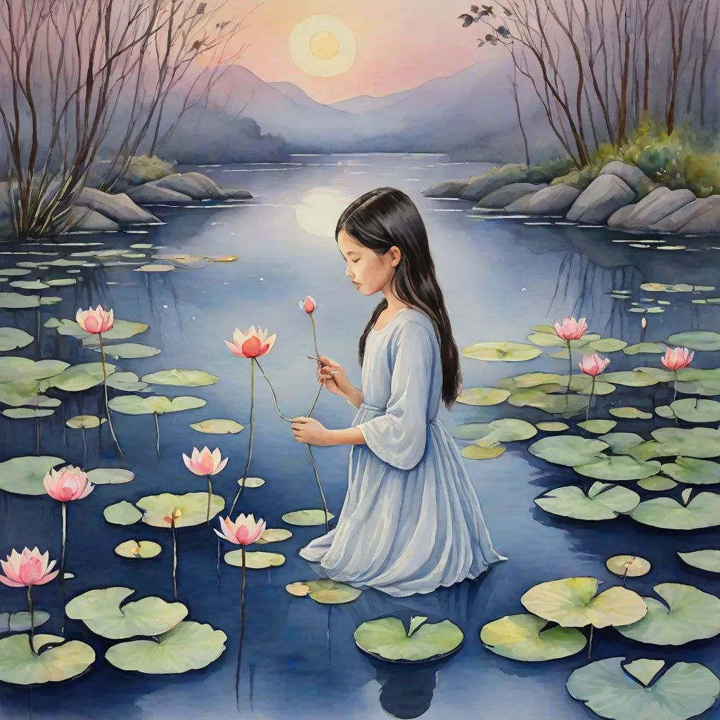 a painting of a girl in a white dress standing in a pond with water lilies and a full moon, Chen Chun, figurative art, an oil painting, phuoc quan