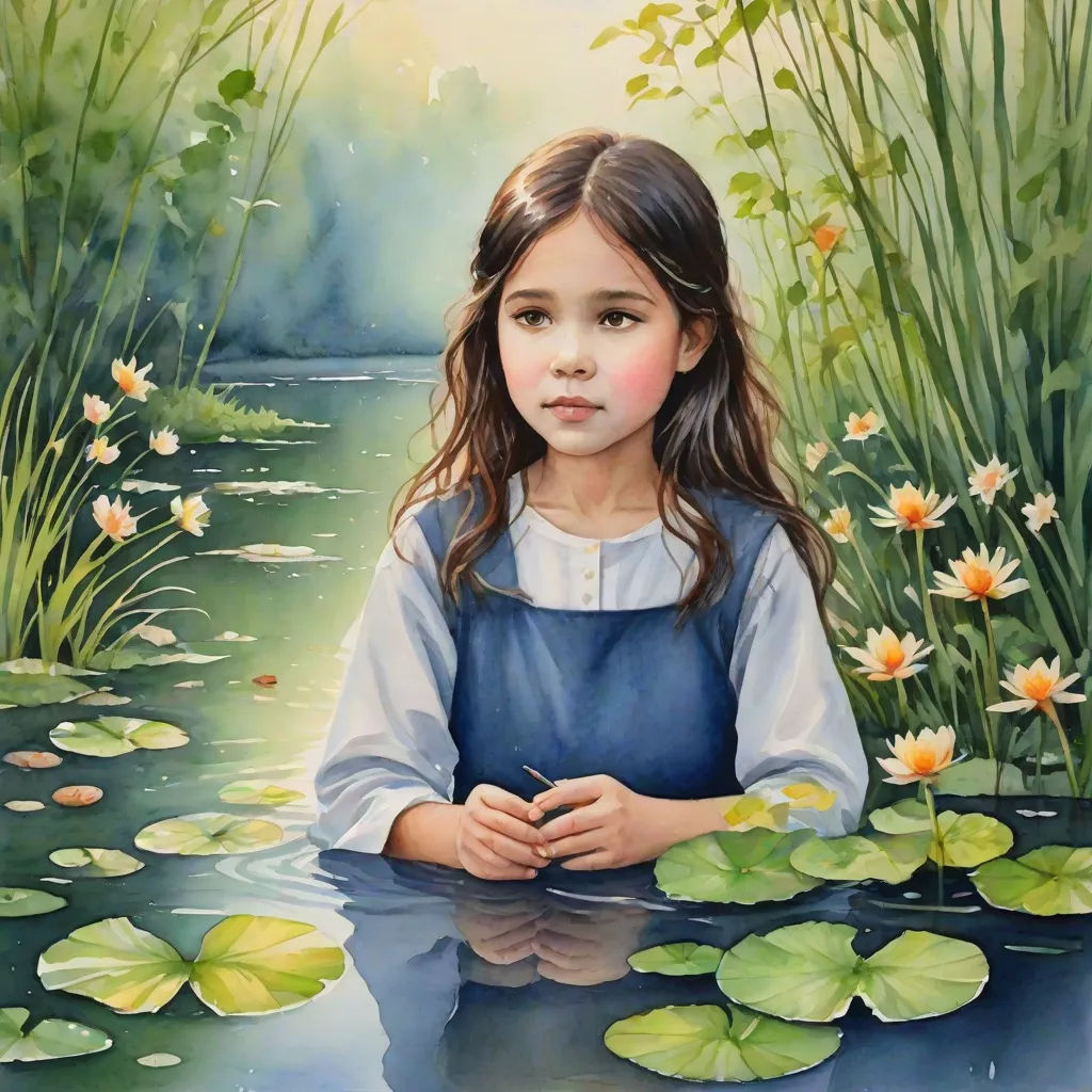 a painting of a girl sitting in a pond with lily pads and water lillies in the background, with a pond of water lillies in the foreground, Alice Prin, figurative art, a detailed painting, detailed painting