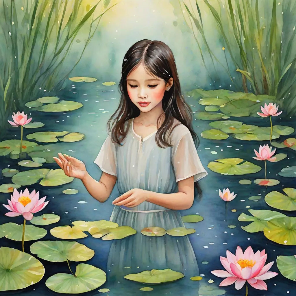 a painting of a girl in a blue dress standing in a pond with water lilies and lily pads, Chen Chun, fantasy art, a detailed painting, phuoc quan