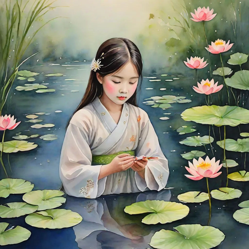 a painting of a girl in a kimono sitting in a pond of water lillies and holding a flower, Chen Chun, figurative art, a detailed painting, detailed painting
