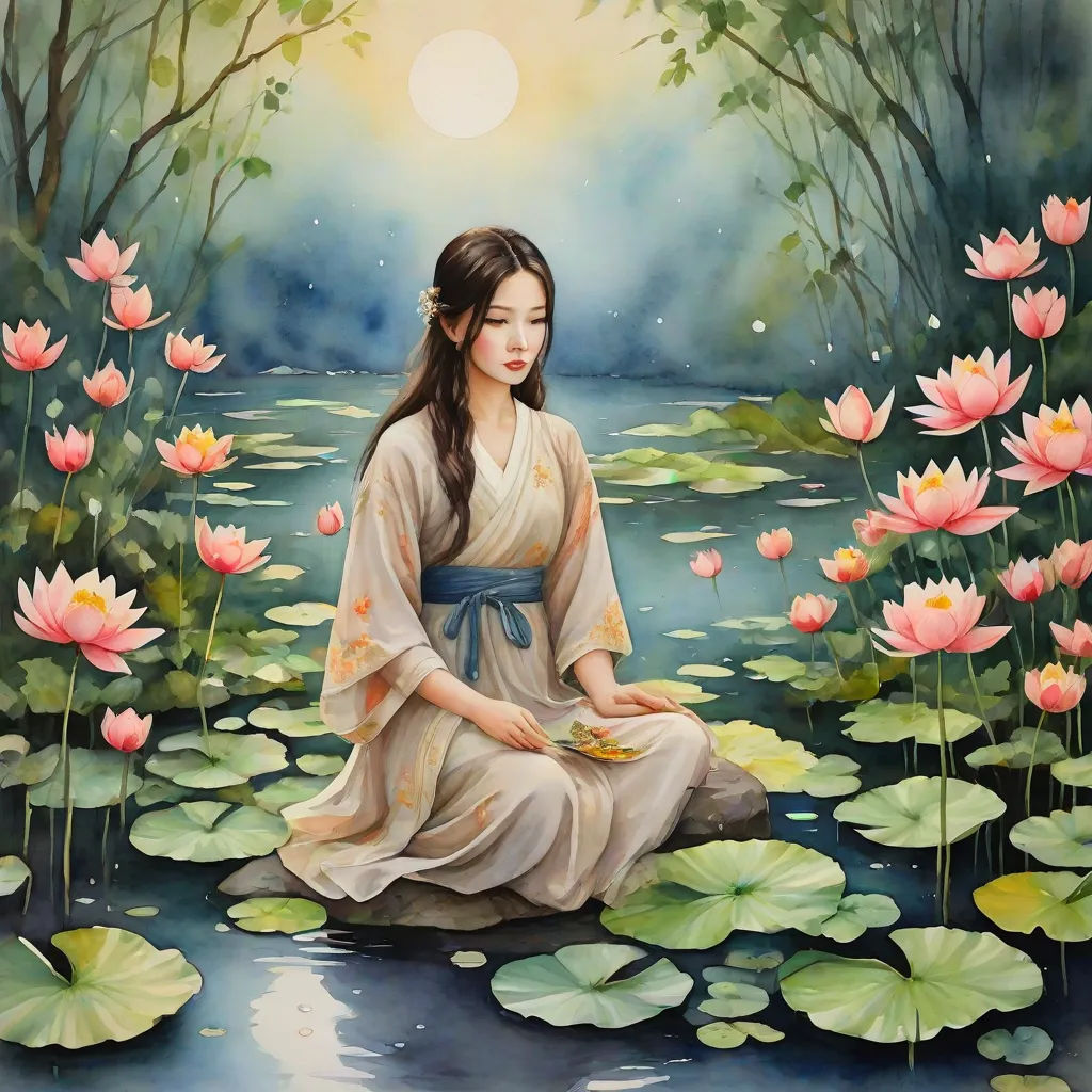 a painting of a woman sitting in a pond of water lillies with a sun in the background and a pond of water lillies in the foreground, Bian Jingzhao, figurative art, a detailed painting, serene