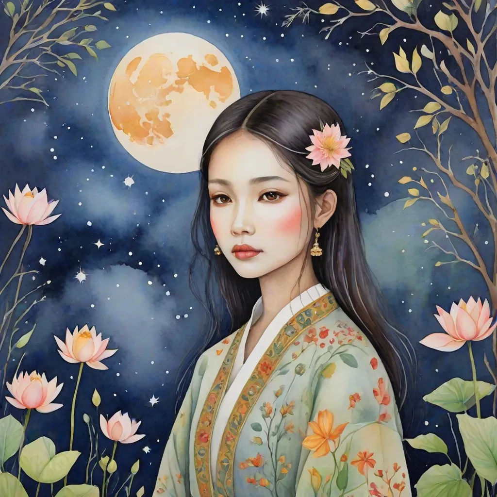 a painting of a woman in a kimono with flowers in her hair and a full moon in the background, amy sol, fantasy art, a detailed painting, in gouache detailed paintings