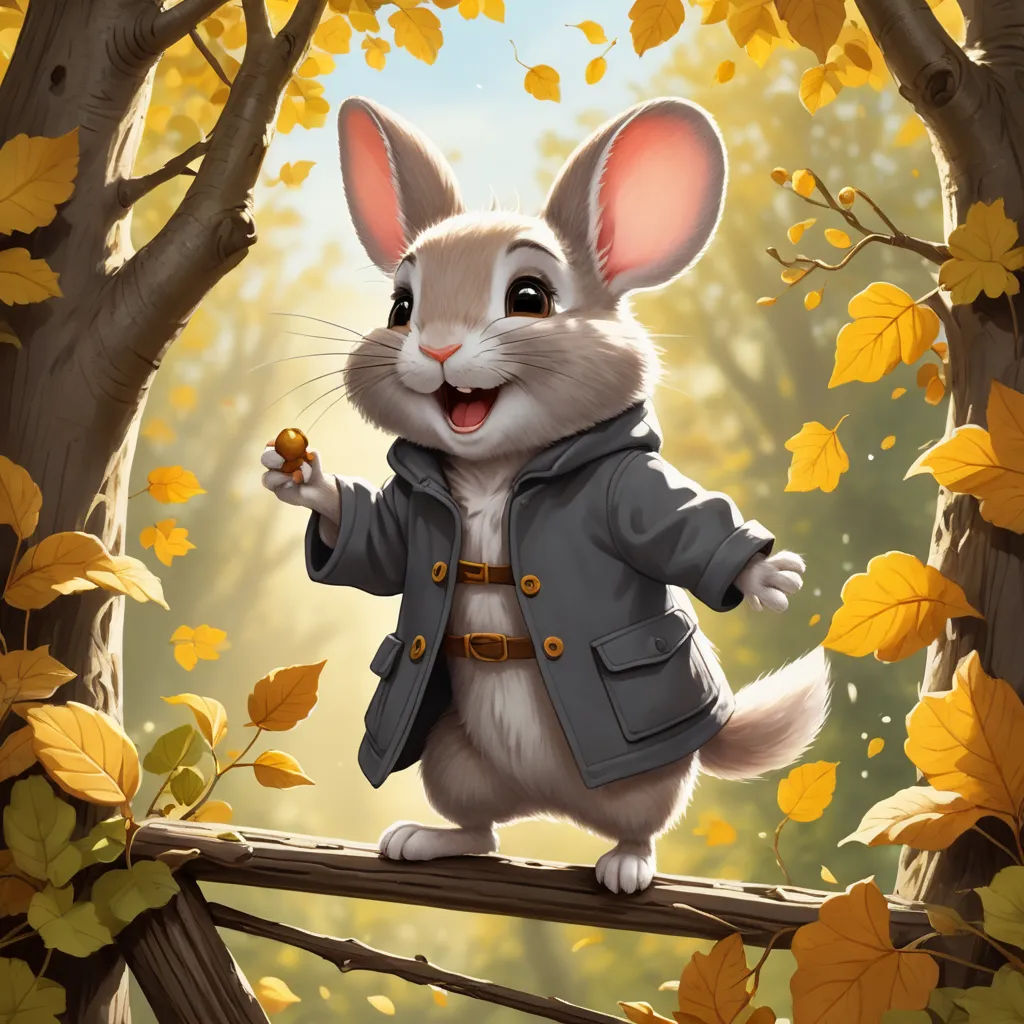 a cartoon bunny is standing on a branch in the woods eating a piece of food in his hand and smiling, altermodern, an ultrafine detailed painting, Beatrix Potter, magic the gathering artwork