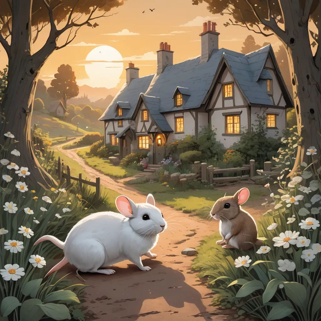a painting of two rabbits sitting on a path in front of a house with a sunset in the background, fantasy art, a storybook illustration, Chris LaBrooy, storybook illustration