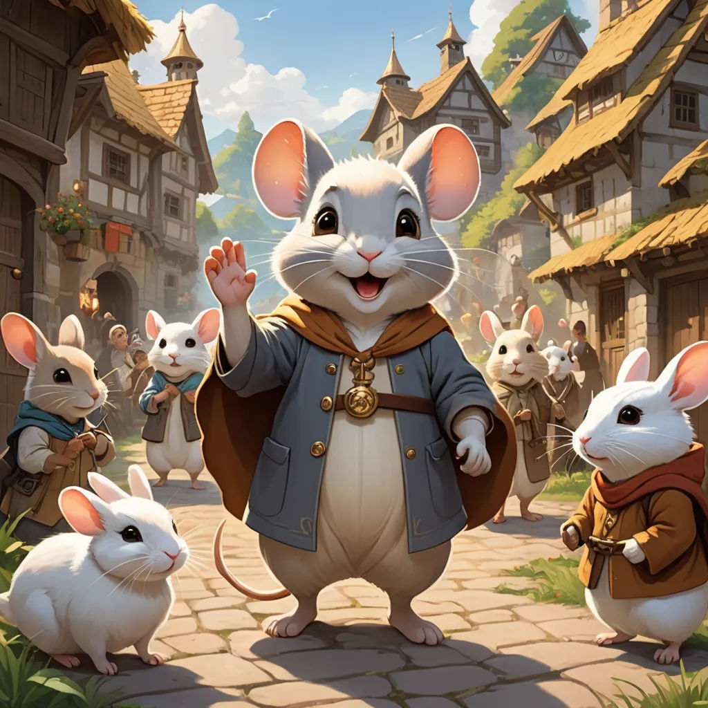a group of mice standing on top of a stone road next to a village with houses and buildings in the background, altermodern, a character portrait, Clint Cearley, official art