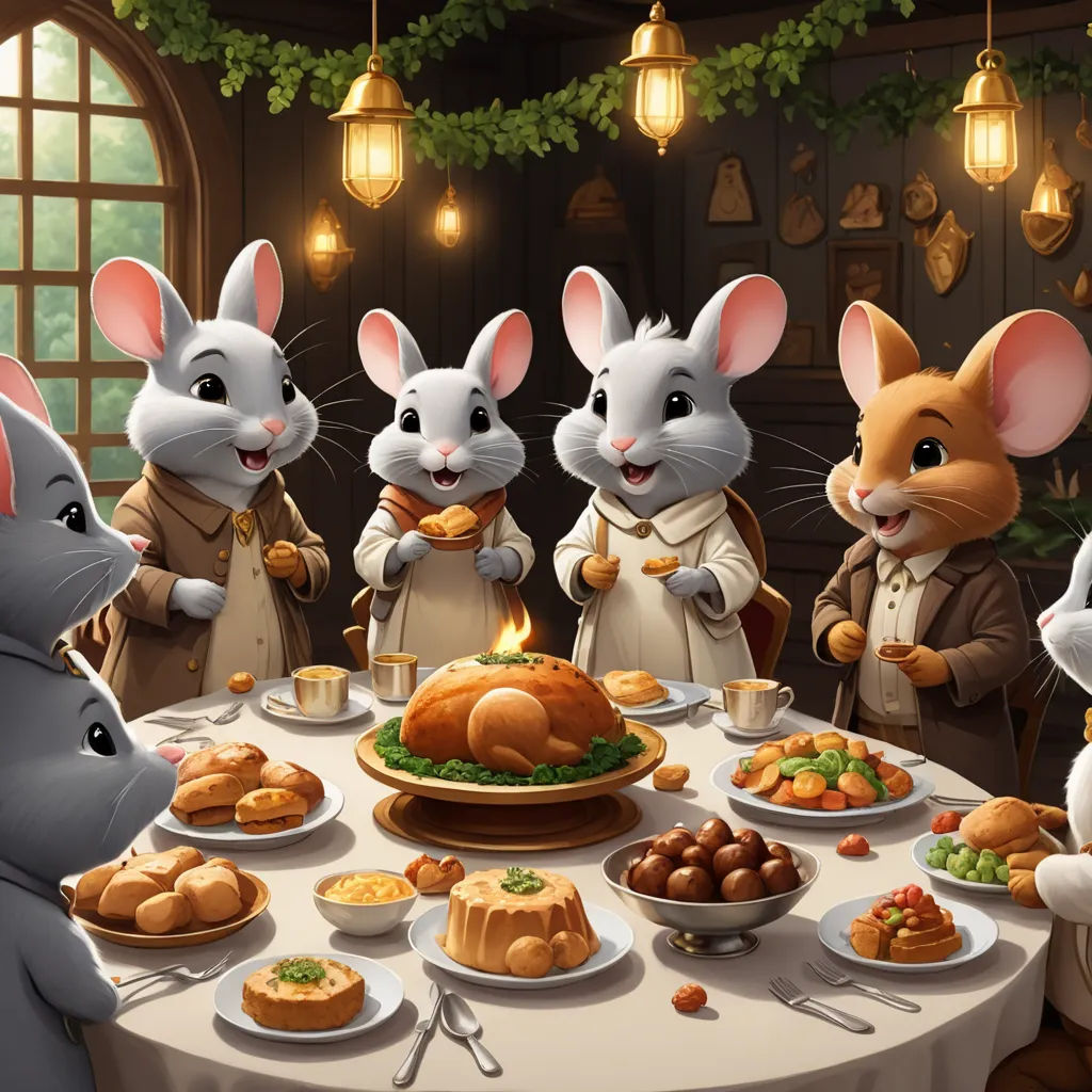 a group of mice standing around a table with food on it and a turkey on the table in front of them, furry art, a storybook illustration, Beatrix Potter, trending on art station