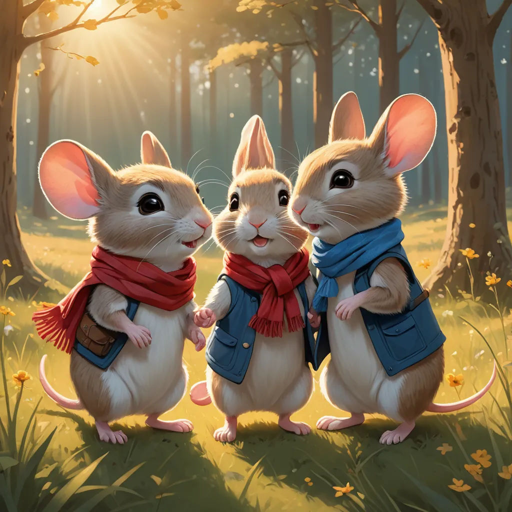 two mice are standing in the grass near trees and flowers, one is wearing a scarf and the other is wearing a scarf, furry art, a storybook illustration, Chris LaBrooy, official art