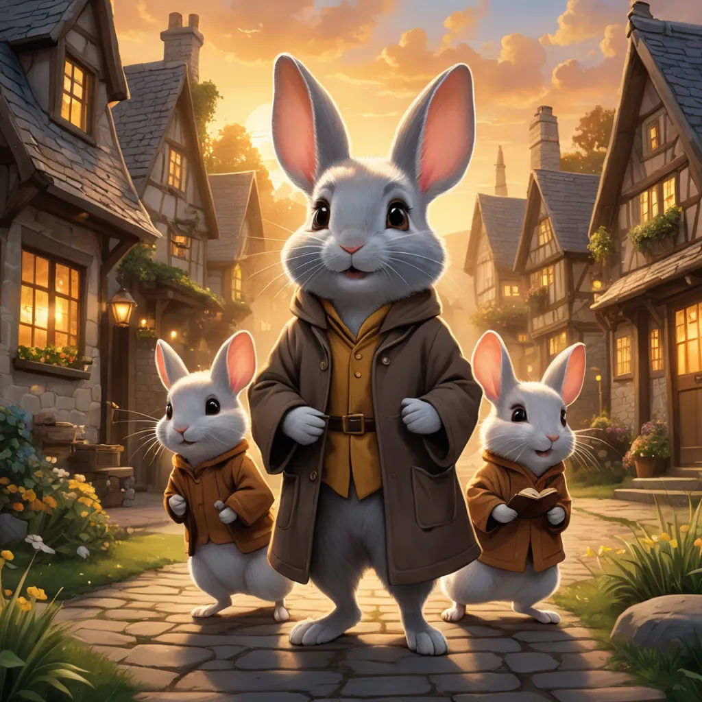 a rabbit and two rabbits standing in front of a house at sunset with a man in a coat and a woman in a dress, furry art, a storybook illustration, Beatrix Potter, official art
