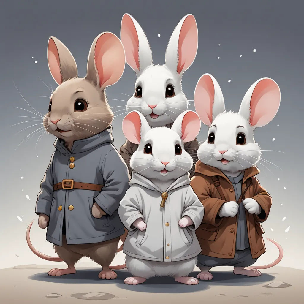 a group of rabbits in coats standing next to each other on a field of snow with snowflakes, furry art, a digital painting, Beatrix Potter, trending on art station