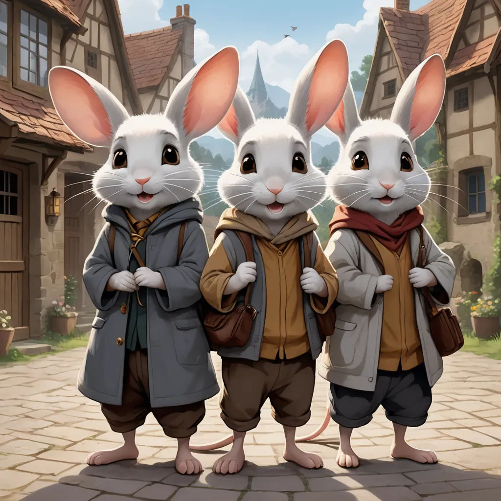 three rabbits dressed in clothes standing in front of a house with a castle in the background and a bird flying overhead, furry art, a storybook illustration, Clint Cearley, official art