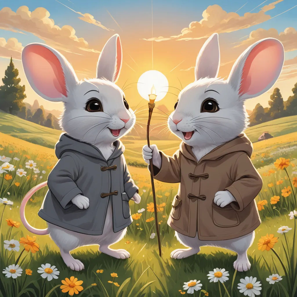 two rabbits dressed in coats standing in a field of flowers with a light bulb in their hands and a sun in the background, altermodern, a storybook illustration, Beatrix Potter, official art