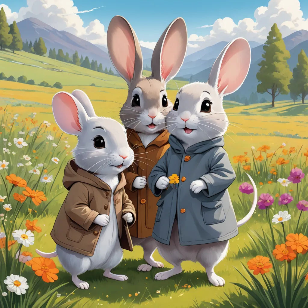 two rabbits dressed in coats standing in a field of flowers and daisies, one of them is holding the other's hand, furry art, a storybook illustration, Beatrix Potter, official art