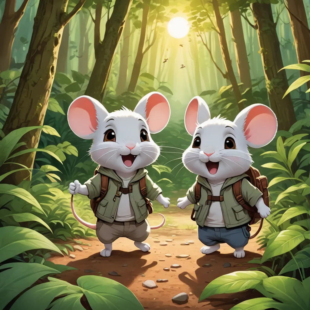two mice are walking in the woods together, with the sun shining through the trees behind them and the ground, altermodern, concept art, Brothers Hildebrandt, official art