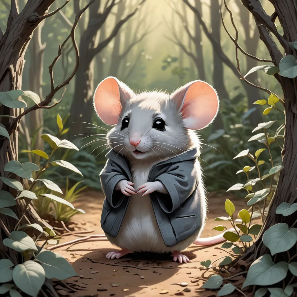 a mouse sitting in a forest with a jacket on and a jacket on its back, with its arms crossed, sots art, a storybook illustration, Dave Melvin, magic the gathering artwork