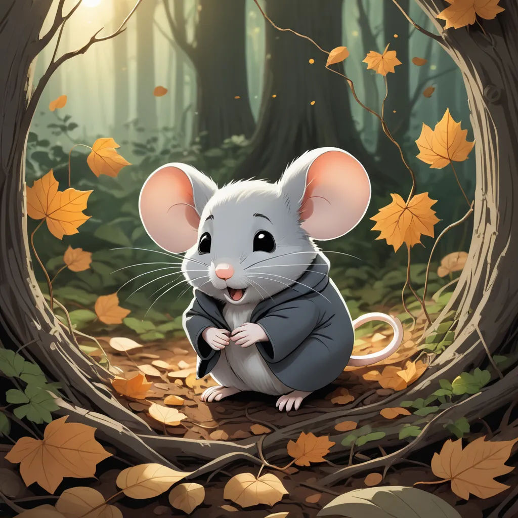 a mouse sitting in a forest surrounded by leaves and trees with a sun shining through the trees behind it, sots art, a storybook illustration, Chris LaBrooy, autumn