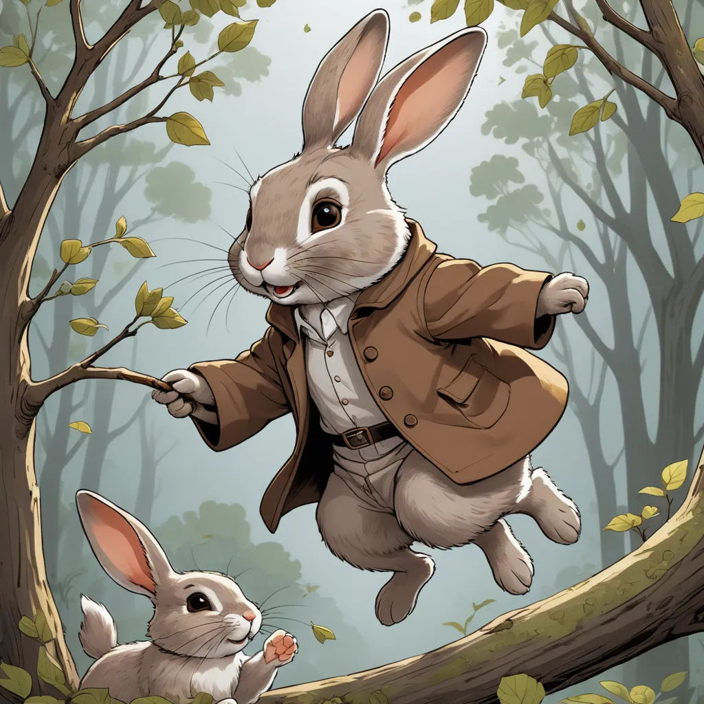 a rabbit in a suit is climbing a tree branch with another rabbit in the background and a forest with leaves, fantasy art, a storybook illustration, Beatrix Potter, comic cover art