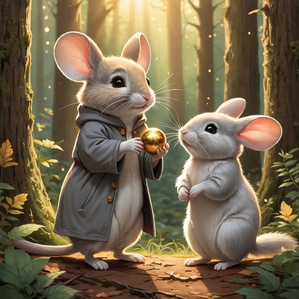 a painting of two mice in a forest with a golden ball in their hands and a man in a coat, fantasy art, a storybook illustration, Cynthia Sheppard, official art