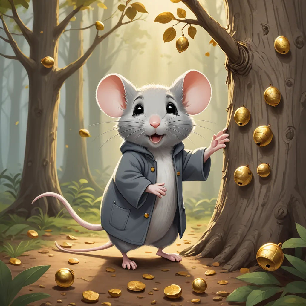 a mouse in a blue jacket is standing in a forest with gold coins coming out of it's mouth, sots art, a character portrait, Chris Rallis, kinkade