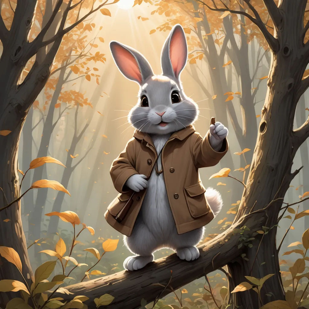 a rabbit in a coat is standing on a branch in the woods with leaves and a light shining through the trees, furry art, a storybook illustration, Aaron Jasinski, official art