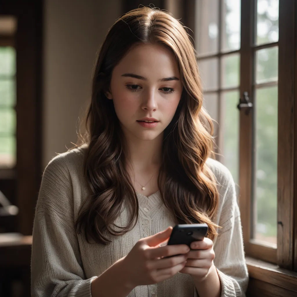 a woman looking at her cell phone in a dark room with a window behind her and a window behind her, tachisme, a stock photo, Charlotte Harding, no text