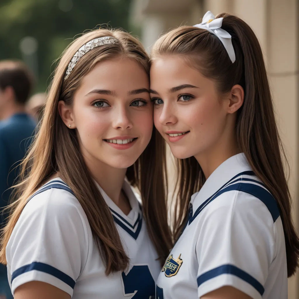 two girls in uniforms are posing for a picture together, one is wearing a headband and the other is wearing a bow, de stijl, a polaroid photo, disney, symmetrical facial features