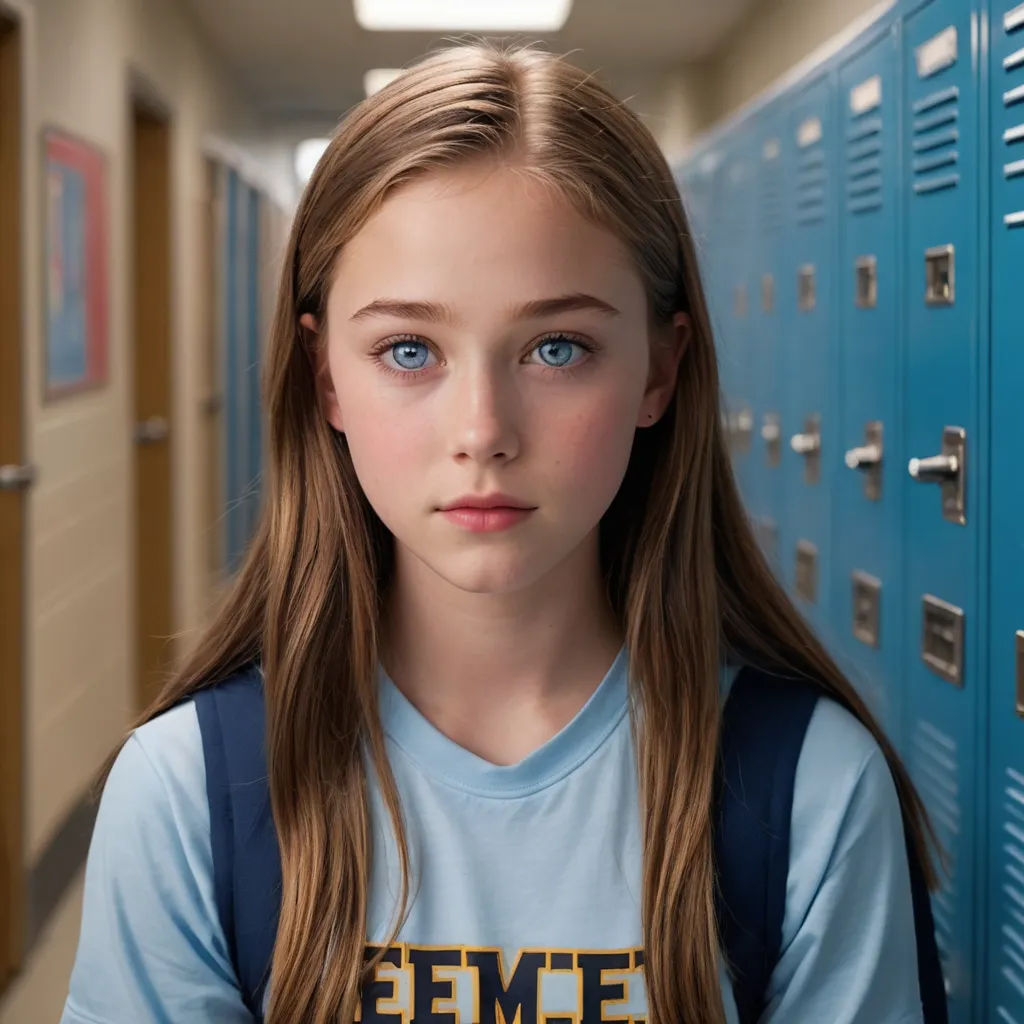 a girl standing in a hallway with a backpack on her shoulder and a locker behind her back to the camera, hyperrealism, a character portrait, Daniel Lieske, clear eyes