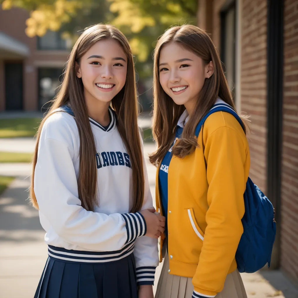 two girls standing next to each other in front of a building with a brick wall and a sidewalk in front of them, rayonism, a stock photo, Fan Qi, promotional image