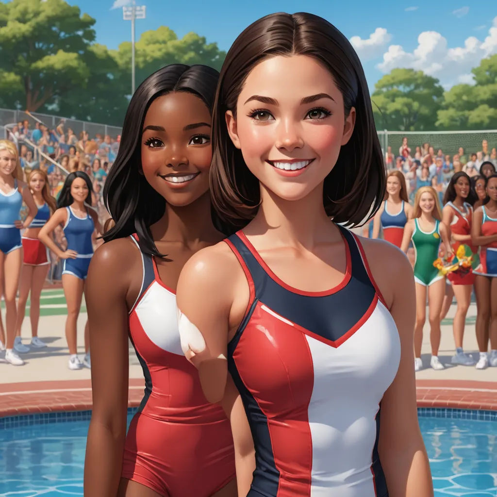 two women in bathing suits standing next to a pool of water with a crowd of people behind them in the background, american realism, a detailed painting, Barron Storey, highly detailed digital painting