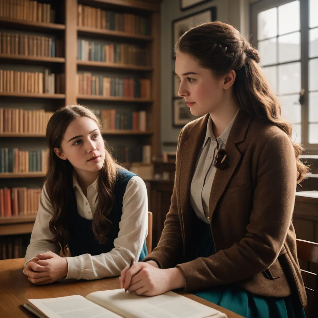 two women sitting at a table in a library looking at a book open on the table, with bookshelves in the background, arts and crafts movement, a poster, Anne Said, movie still