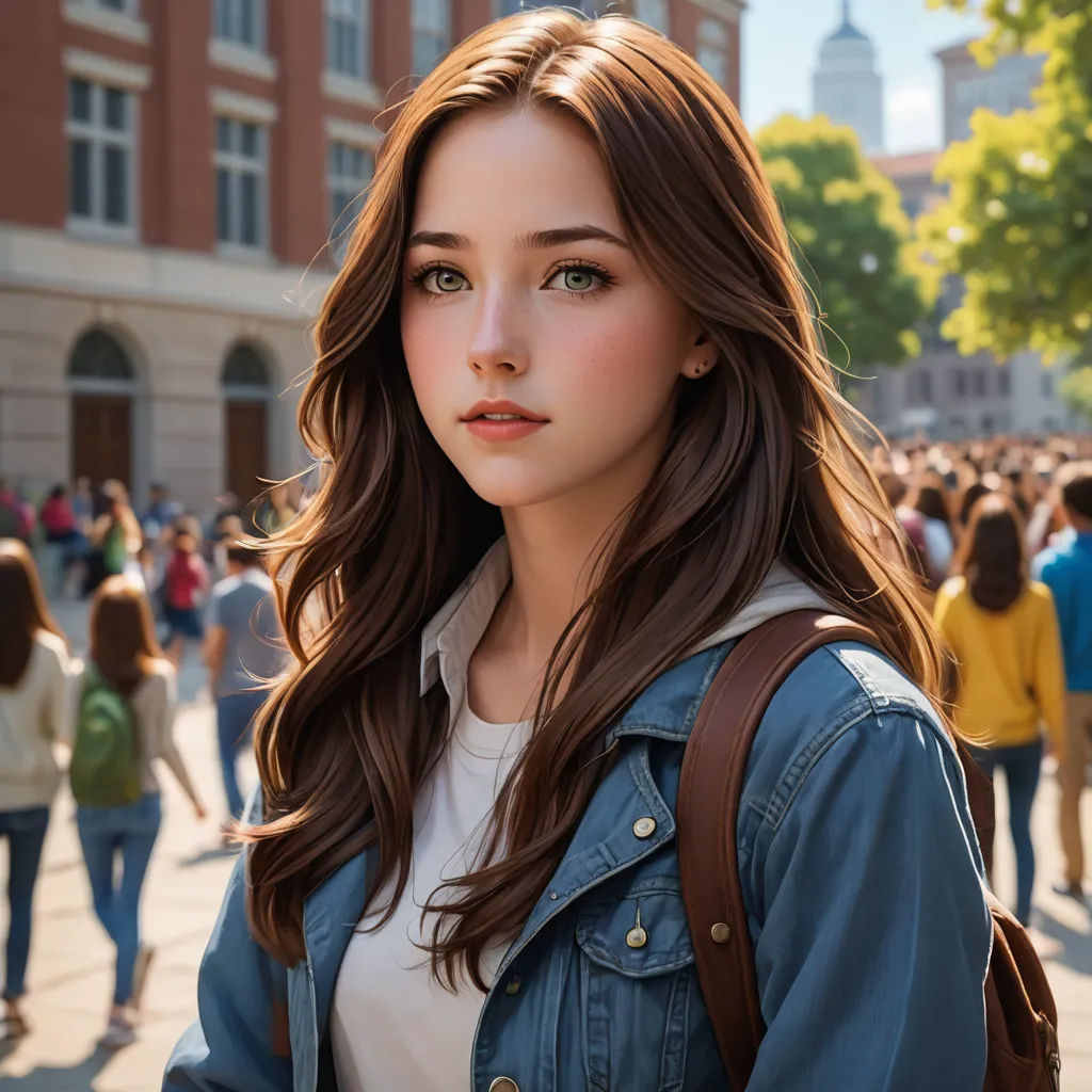 a woman with a backpack standing in front of a crowd of people on a street with buildings in the background, computer art, a photorealistic painting, Elina Karimova, realistic face