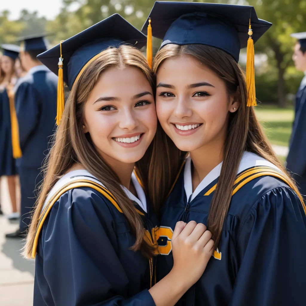 two girls in graduation gowns hugging each other in front of a group of other graduates in cap and gowns, heidelberg school, a stock photo, Brigette Barrager, p