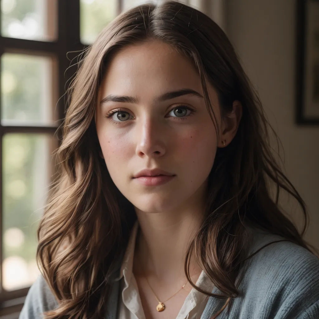 a woman with long hair and a necklace on her neck looking at the camera with a serious look on her face, renaissance, a portrait, Constance Gordon-Cumming, leesha hannigan