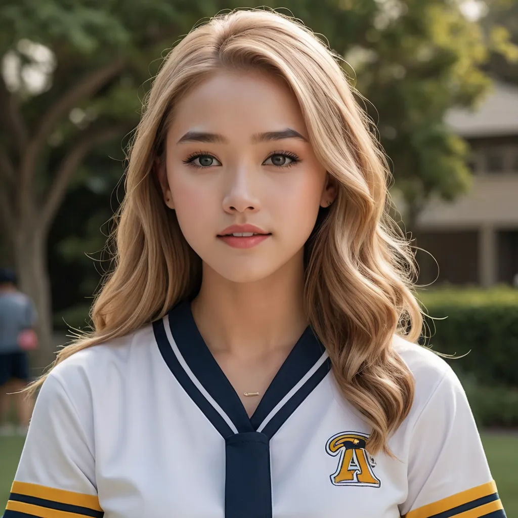 a girl in a uniform with a tie on her neck and a house in the background with trees and bushes, vancouver school, a portrait, Fan Qi, for aaa game