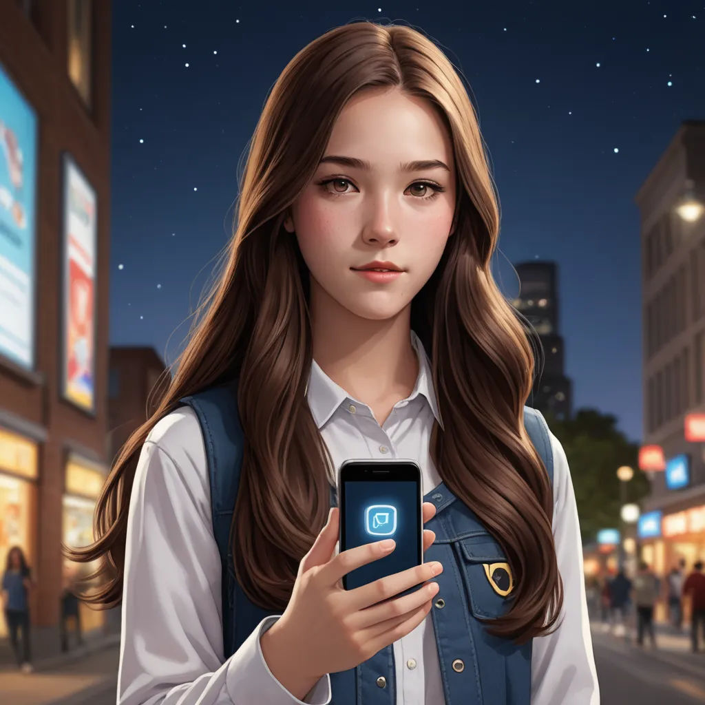 a girl in a blue vest holding a smart phone in a city street at night with a cityscape in the background, american scene painting, a character portrait, Artgerm, ultra realistic illustration