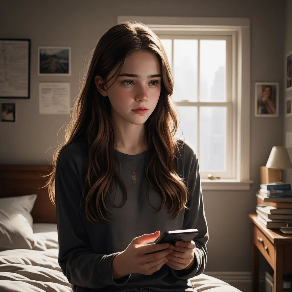 a girl sitting on a bed looking at her cell phone and holding a remote control in her hand while looking at the camera, photorealism, a photorealistic painting, Daniel Lieske, ultra realistic digital art