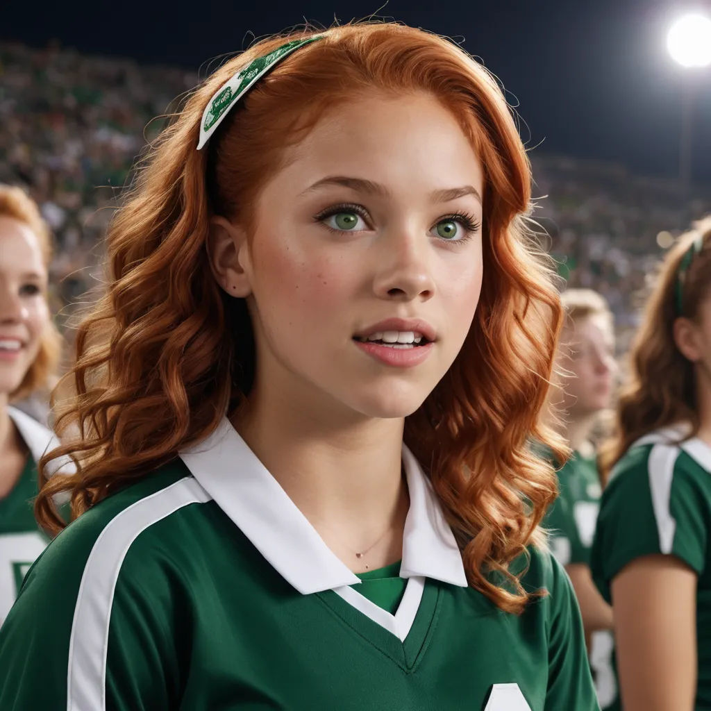 a girl with red hair and a green shirt is standing in front of a crowd of people in a stadium, rayonism, a colorized photo, Brigette Barrager, green