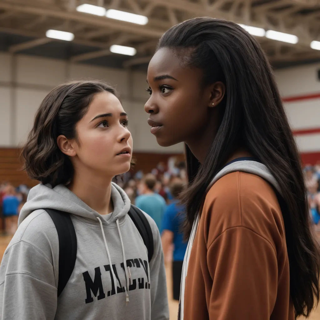 two girls standing in a gym looking at each other with a crowd in the background watching them from the sidelines, american scene painting, a poster, Felix-Kelly, movie still