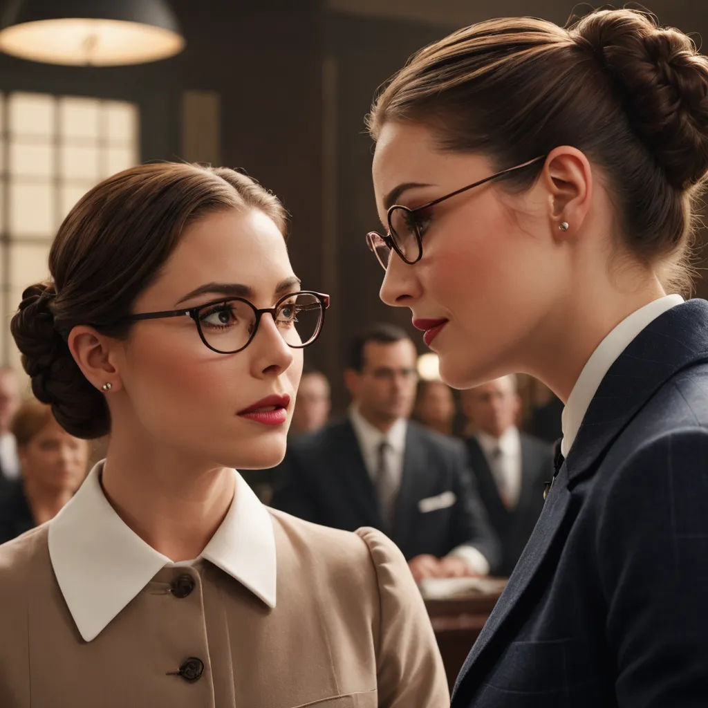 two women in business attire standing next to each other in a room full of people, one wearing glasses and the other wearing a suit, institutional critique, a renaissance painting, Arabella Rankin, glasses
