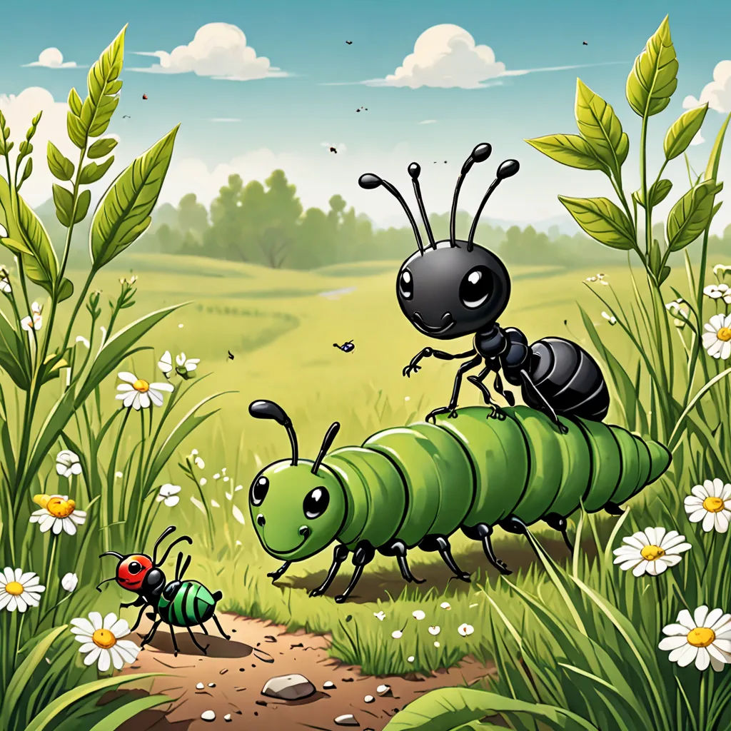 a bug and a caterpillar in a field of grass and flowers with a sky background and clouds, ecological art, a storybook illustration, Craola, storybook illustration