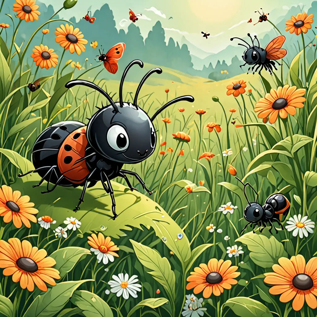 a bug is standing on a hill with flowers and butterflies around it, and a ladybug is sitting on the hill, fantasy art, a storybook illustration, Craola, highly detailed digital painting