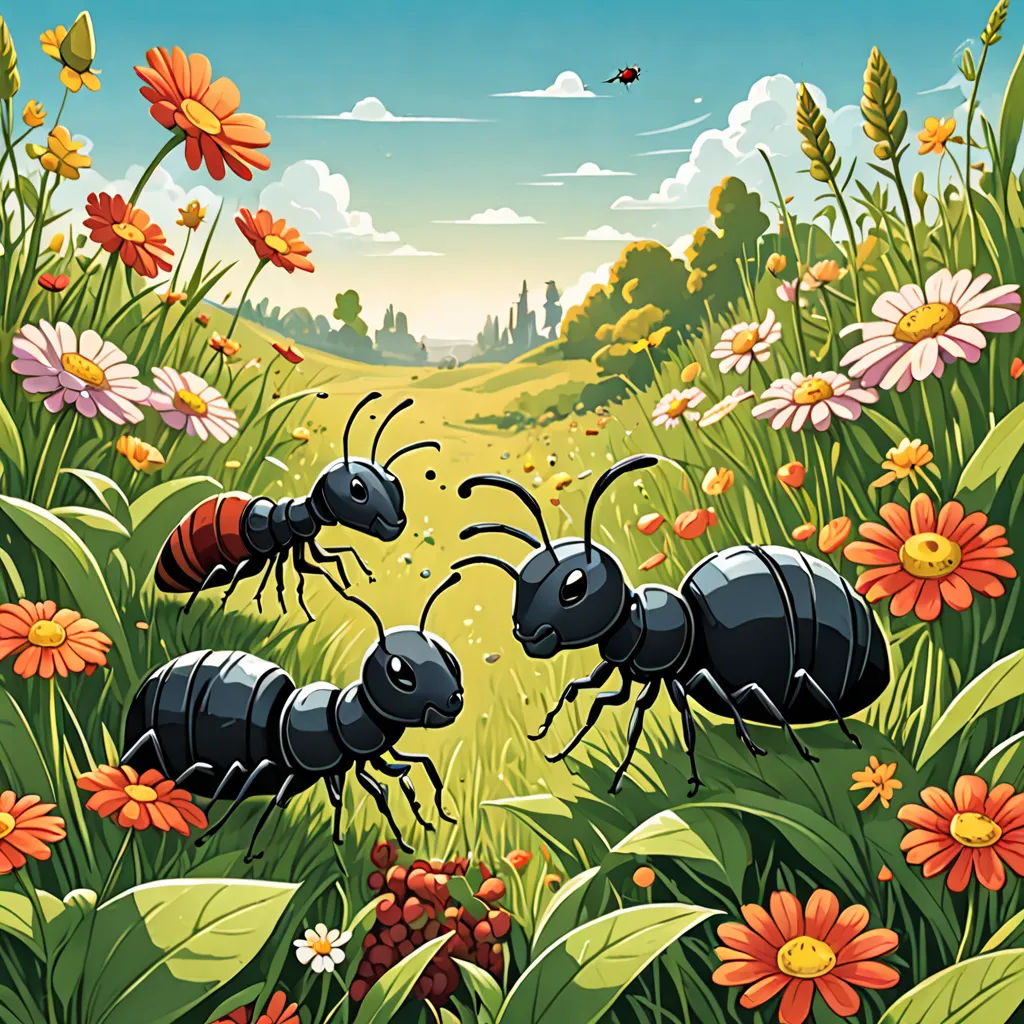 a group of ants are in a field of flowers and grass with a bee flying over them and a bird flying over them, ecological art, a storybook illustration, Chris LaBrooy, detailed illustration
