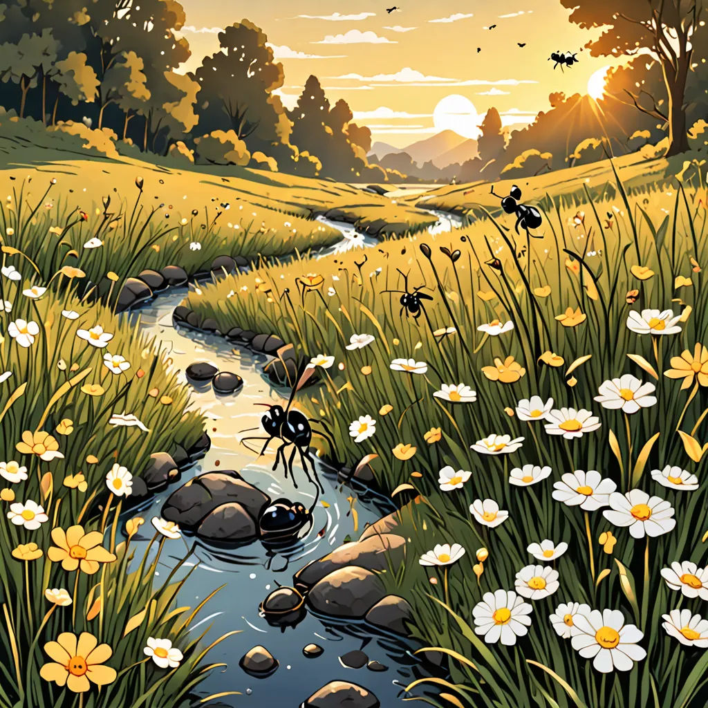 a painting of a river running through a field of flowers and grass with a sun setting in the background, environmental art, a storybook illustration, Chris LaBrooy, storybook illustration
