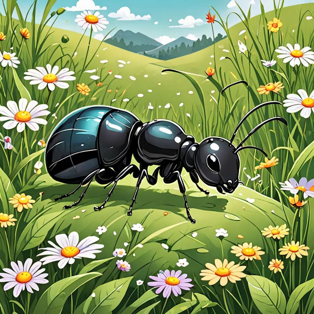 a black ant bug standing in a field of flowers and daisies with a mountain in the background with clouds, ecological art, a storybook illustration, Andries Stock, detailed illustration